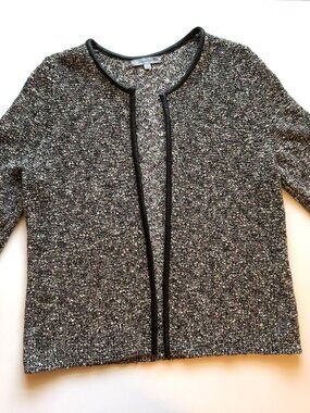 Classiques Entier Open Front Cardigan Boucle Knit Black Leather Trim sz L